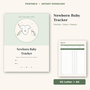Può includere: Un documento stampabile per il monitoraggio del neonato con una copertina che mostra un'illustrazione di un body e un biberon, e una pagina di registro giornaliero con colonne per alimentazione, sonno e pannolini. Il testo include Newborn Baby Tracker.