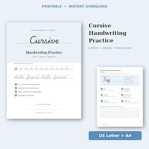 Puede incluir: Un cuaderno de ejercicios de caligrafía cursiva imprimible para los grados 2-5. La portada presenta el título Cursive Handwriting Practice, con secciones para letras, palabras y oraciones. Incluye una página de guía y un alfabeto.