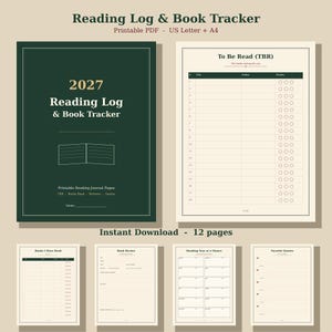 Könnte beinhalten: Ein druckbares 2027 Reading Log and Book Tracker PDF-Set. Das dunkelgrüne Cover trägt den Text 2027 Reading Log and Book Tracker. Die Innenseiten enthalten To Be Read, Books I Have Read, Book Review, Reading Year at a Glance und Favorite Quotes.