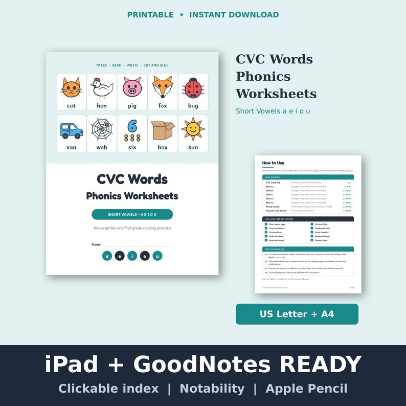 CVC Words Worksheets Printable | Phonics Kindergarten Reading Practice ...