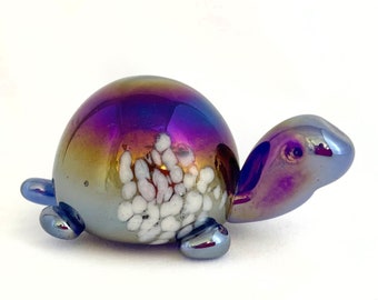 Vintage Hand Blown Iridescent Blue Iridescent Glass Turtle Paperweight w/ Infused White Spots