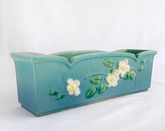 Vintage Turquoise Blue "White Rose" Rectangular Window Box Planter 382-9, Roseville Pottery USA