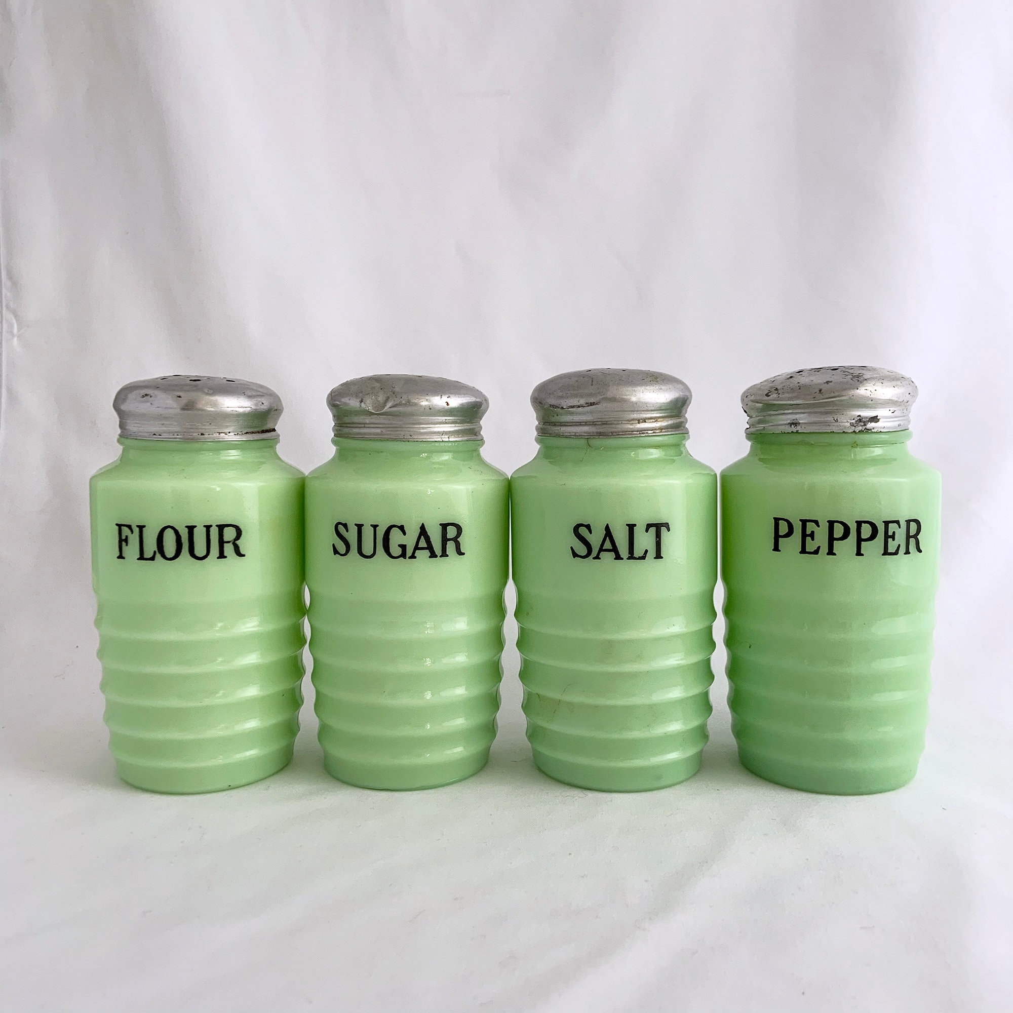 Vintage Depression Era Green Jadeite Beehive Ribbed Uranium Glass Salt