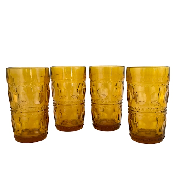 Vintage Honey Gold "Crown" 12 oz Flat Glass Tumblers, Colony Glass, USA Amber Thumbprint Barware Drinkware