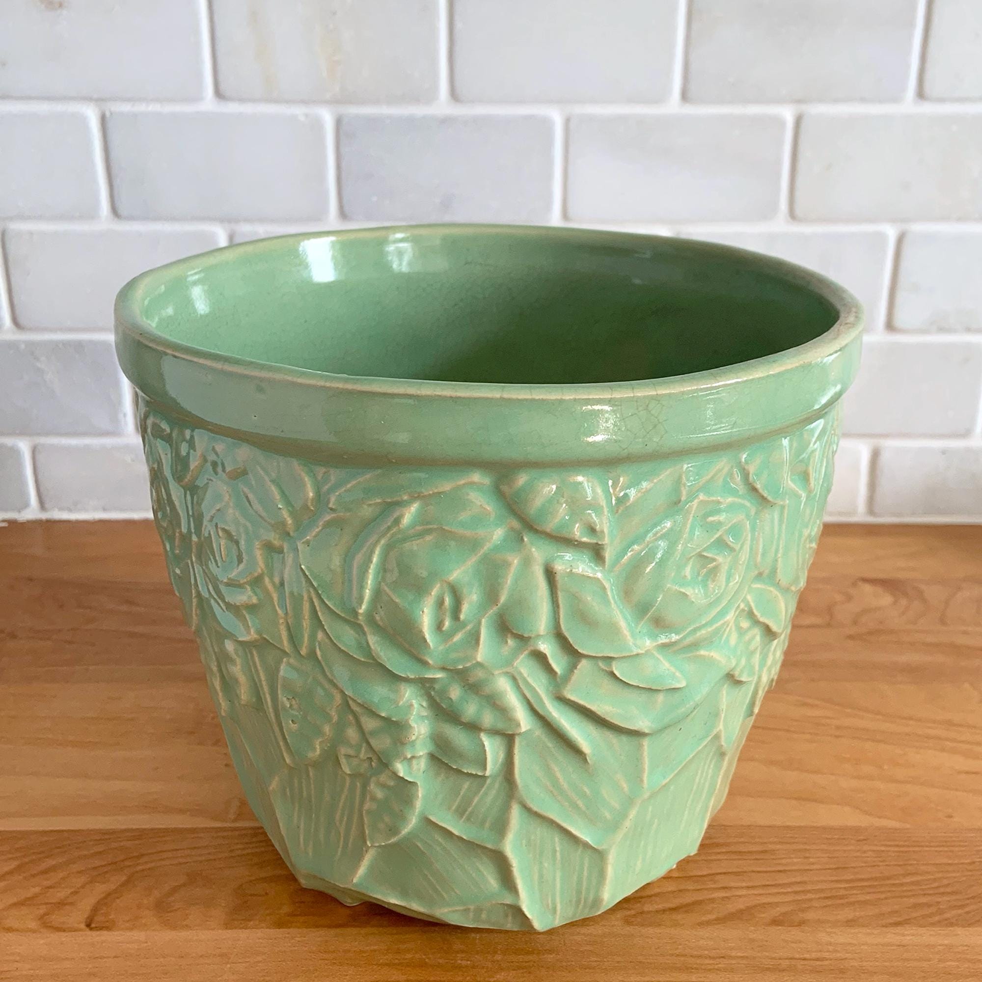 Rare Vintage Light Green Roses Jardiniere Planter, McCoy Pottery, Collectible Art Pottery Container Garden Lover Gift Home Decor