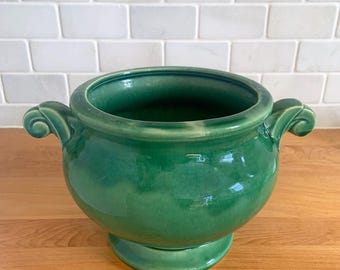 Vintage Mid-Century Green Curled Handles Footed Jardiniere Planter, McCoy Pottery, Container Garden Houseplant Art Deco Home Decor Collector