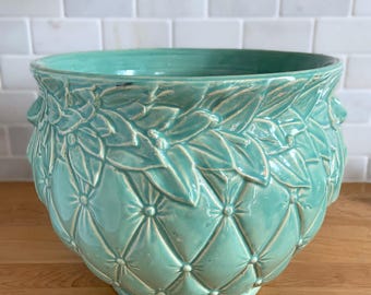 Vintage Aqua Tierra Cushion 10 Inch Ceramic Jardiniere Planter, McCoy Pottery, Collector Art Pottery Container Garden Lover Gift Home Decor