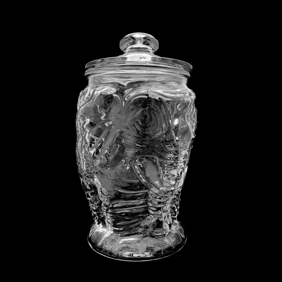Jumbo Vintage Clear Pressed Glass Elephant Lidded Canister Jar, Libbey