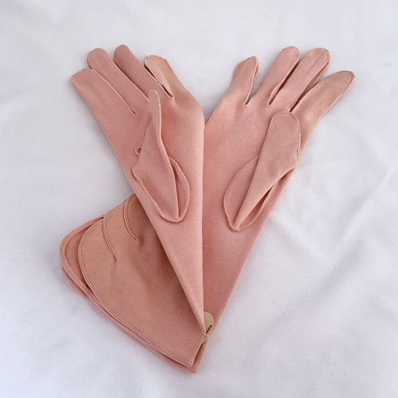 Vintage Rose Pink Cotton Gloves w/ Scalloped Spli… - image 2