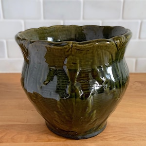 Antique Green Leaf Scrolls Majolica Jardiniere Planter No. 916, Brush McCoy Pottery, Collectible Art Pottery Garden Lover Gift Home Decor
