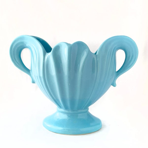 Vintage Art Deco Baby Blue Ceramic Pottery Handled Planter Vase, Camark Pottery, USA