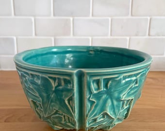 Vintage Teal Green Embossed Ivy Hanging Jardiniere Planter, McCoy Pottery, Collectible Art Pottery Container Garden Lover Gift Home Decor