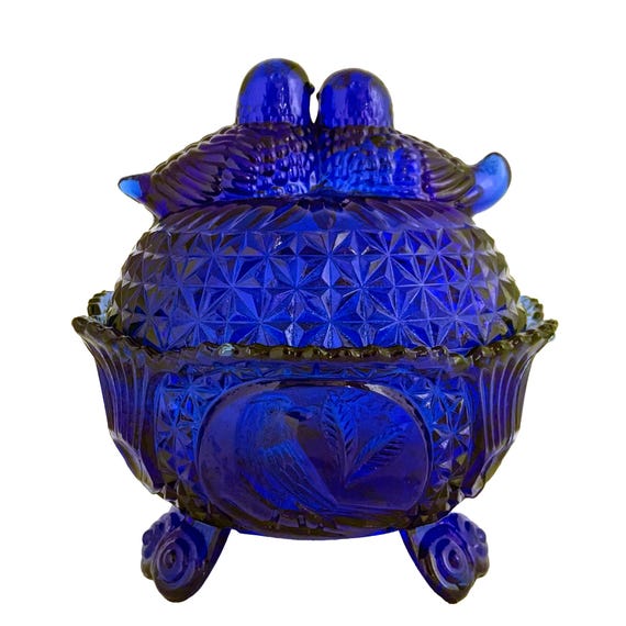 Vintage Cobalt Blue Love Birds Candy Dish: Hofbauer Byrdes