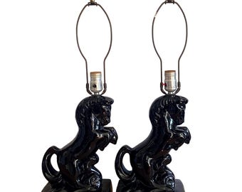 Vintage Black Horse Table Lamps: Ceramic Figural Stallion, Mid-Century Decor