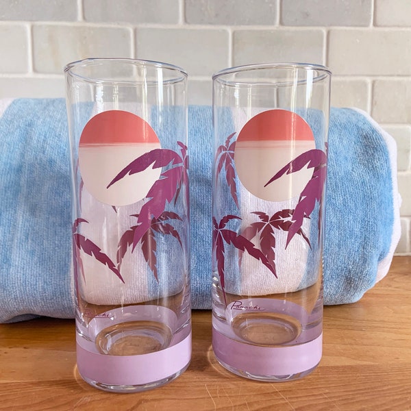 Vintage 1980s Panache Purple Sunset Highball Glass Tumblers Tiki Cocktail Bar, Designed by Wolly Clark