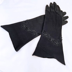Vintage Formal Black Cotton Evening Gloves w/ Glass Beadwork on a Cut Out Design, Split Cuff
