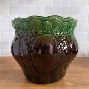 Antique Green Brown Glazed Majolica Jardiniere Planter, Brush McCoy Pottery, Collectible Art Pottery Container Garden Lover Gift Home Decor