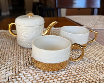 ANTHROPOLOGIE Stackable Elegant White & Gold Duet Tea for Two Set – Preowned