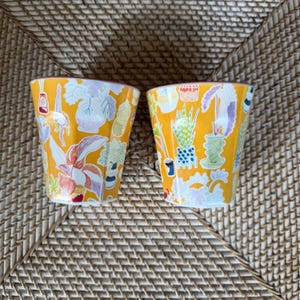 Puede incluir: Dos macetas de cer&aacute;mica amarillas con un colorido estampado bot&aacute;nico. Las macetas presentan ilustraciones de varias plantas y flores en diferentes macetas. El fondo es una textura tejida.