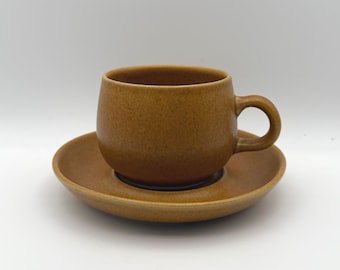 Denby Langley 1970s English Pottery Brown Stoneware Cup and Saucer with Ram’s Head Mark