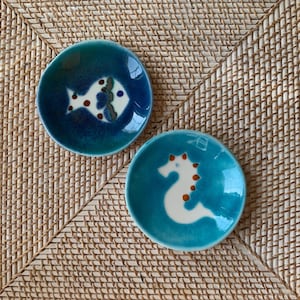 BALLA CERAMICS GREECE Handmade and Handpainted Set of Two Ceramic Dishes Seahorse and Fish Each Mini Plate Unique 4.75&quot; Diameter - Preowned