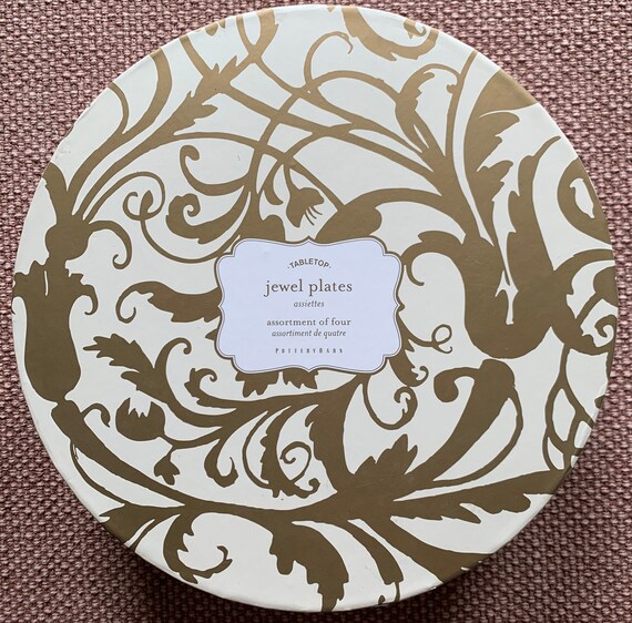 POTTERY BARN Set of 4 Tabletop Jewel Holiday Plates With Gold