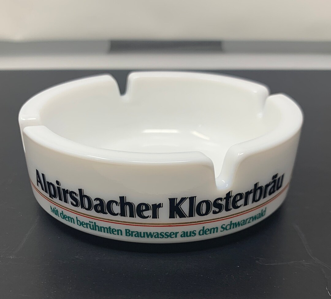 VINTAGE Alpirsbacher Klosterbräu German Beer White Milk Glass Ashtray