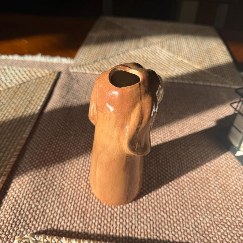 Peut inclure: Un vase en c&eacute;ramique marron en forme de chien avec une finition brillante. Le vase a une ouverture creuse en haut et des d&eacute;tails, dont les oreilles et le museau du chien. L'objet est d&eacute;coratif.