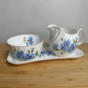 ROYAL ADDERLEY 1970s  Cornflower Fine Bone China Cream & Sugar Set with Tray - Preowned