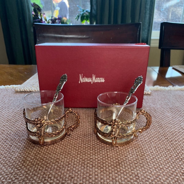 NEIMAN MARCUS Set of Two Silver Plated Espresso Cups w/matching Spoons in Original Box - Preowned