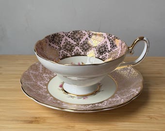 CLARE Fine Bone China Pink and Gold Floral Teacup Set Made in England - Preowned