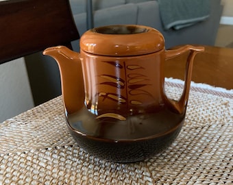 Vintage Mid Century Modern Brown Black Glazed Ceramic Teapot with Lid