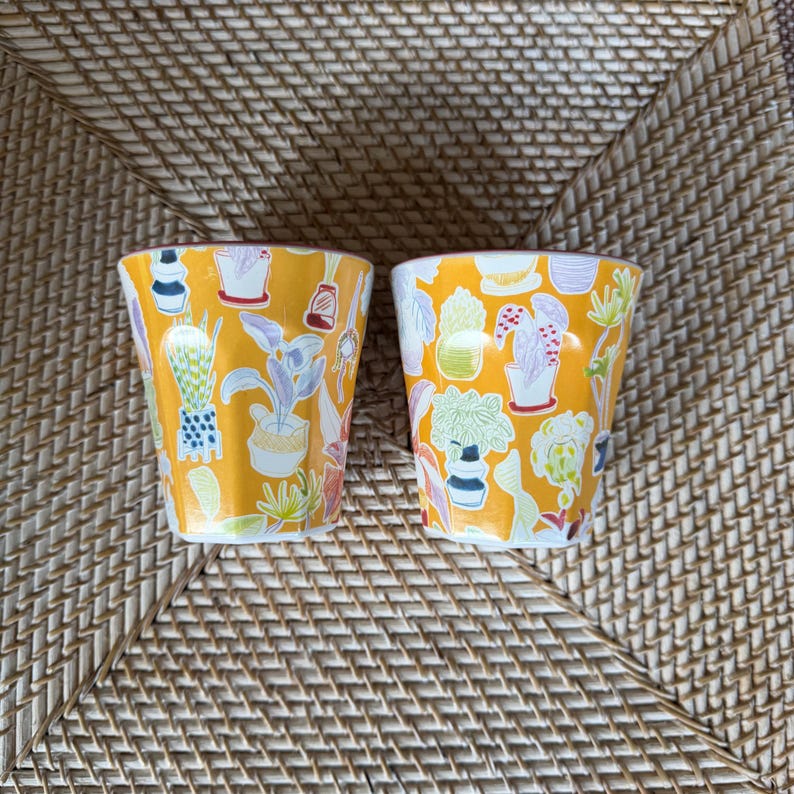Puede incluir: Dos vasos de cer&aacute;mica amarillos con un colorido estampado bot&aacute;nico de plantas en macetas. Los vasos tienen un dise&ntilde;o recto y un borde blanco. El fondo es una superficie tejida de color marr&oacute;n claro.