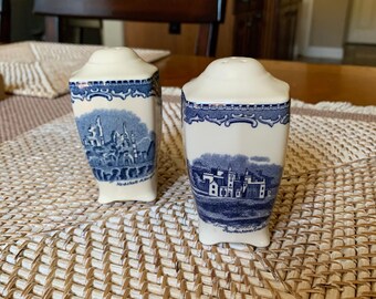 JOHNSON BROTHERS Discontinued Salt & Pepper Set Old Britain Castles Blue - Preowned