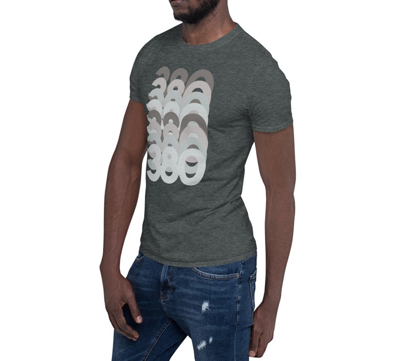 May include: A dark heather grey t-shirt with a retro-style graphic of the number 380 printed in white and grey.