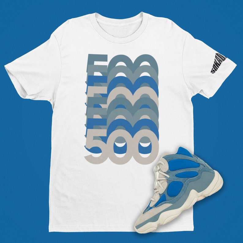 May include: A white t-shirt with a graphic of the number 500 repeated in different shades of blue and gray. A pair of blue and gray sneakers with a white sole are also pictured.