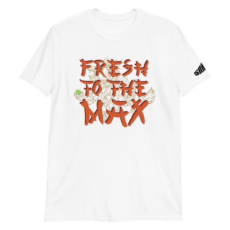 May include: White t-shirt with a red and white graphic design that says "FRESH TO THE MAX" with a stylized dragon and a green circle.