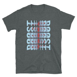 May include: A dark heather grey t-shirt with the word "BOOST" printed in a blue and red 3D effect.