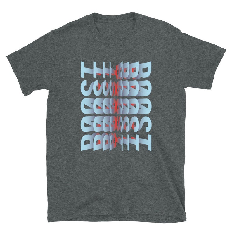 May include: A dark heather grey t-shirt with the word "BOOST" printed in a blue and red 3D effect.