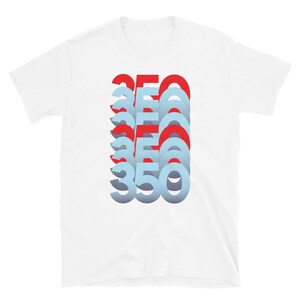 May include: White t-shirt featuring a graphic design of the number 350 repeated in a stacked, offset pattern. The numbers are in red and blue.