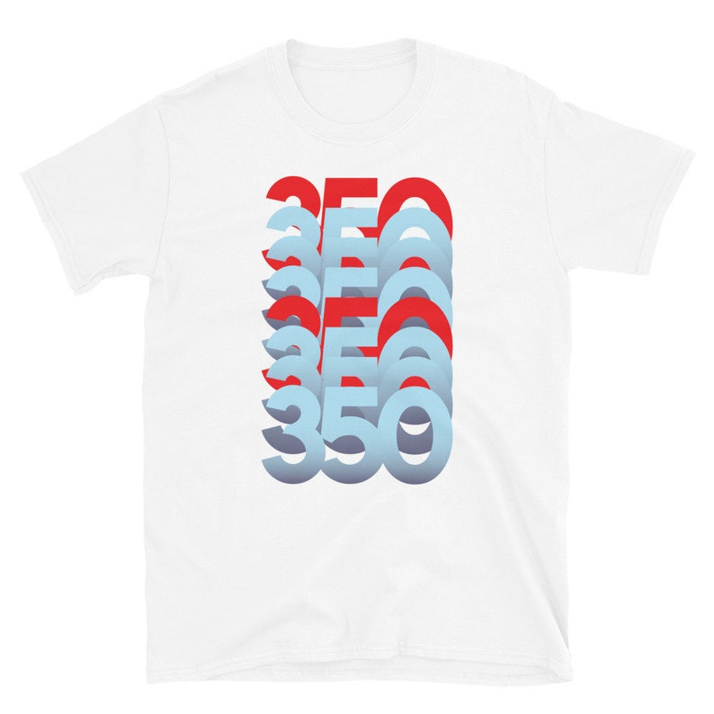 May include: White t-shirt featuring a graphic design of the number 350 repeated in a stacked, offset pattern. The numbers are in red and blue.