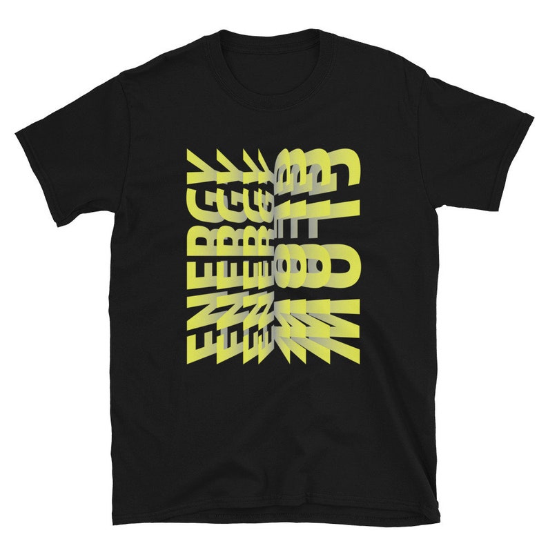 May include: Black t-shirt with a yellow graphic design that reads "ENERGY GET UP".