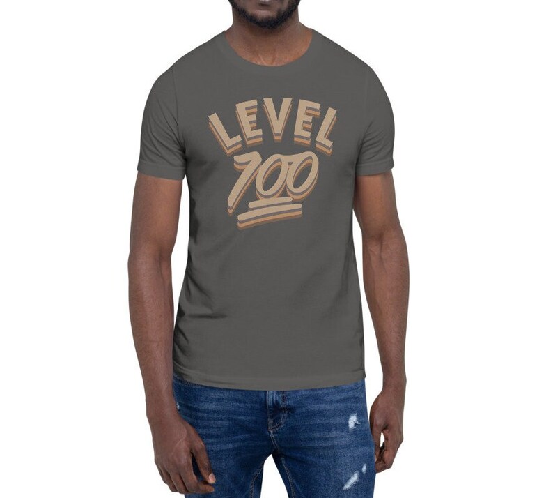 May include: A dark grey t-shirt with the text "LEVEL 100" in a brown and beige colour scheme. The text is in a retro, stylised font.