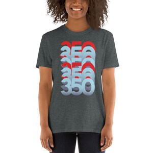 May include: A dark heather grey t-shirt featuring a graphic design of the number 350 repeated in a stacked, overlapping pattern. The numbers are in a light blue and red colour scheme.