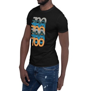 May include: A black t-shirt with a graphic design of the number 700 repeated in different colors, including orange, blue, and green.