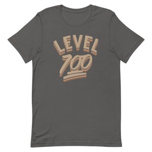 May include: A dark grey t-shirt with the text "LEVEL 700" in a retro, layered font style. The text is in shades of brown and orange.