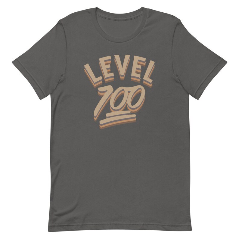 May include: A dark grey t-shirt with the text "LEVEL 700" in a retro, layered font style. The text is in shades of brown and orange.