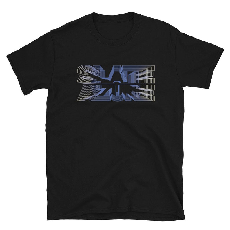 May include: Black t-shirt with a blue and gray graphic of the word "SLATE ZONE" in a 3D style.