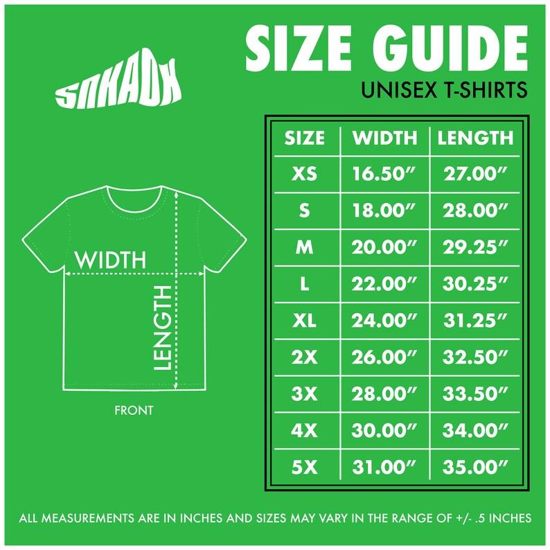 May include: Size chart for unisex t-shirts with measurements in inches. The chart shows sizes XS through 5X with corresponding width and length measurements.