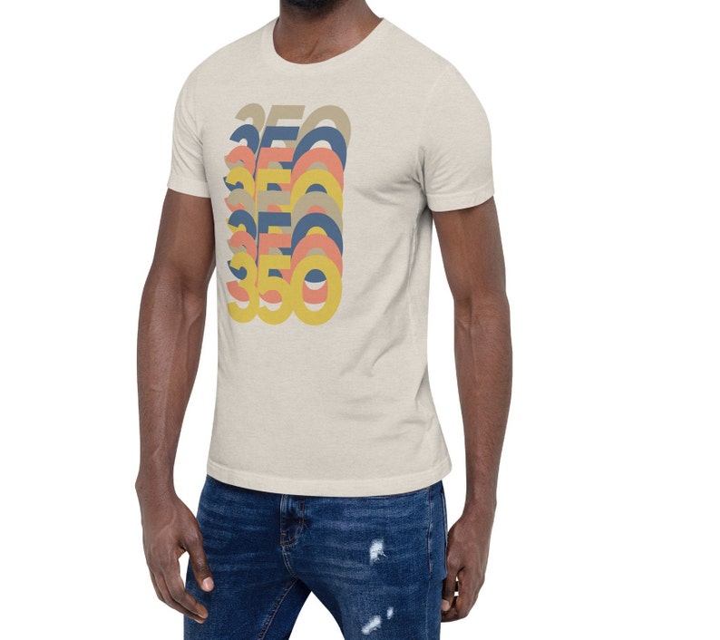 May include: A beige t-shirt with a retro-style graphic of the number 350 repeated in different colors, including yellow, orange, pink, and blue.